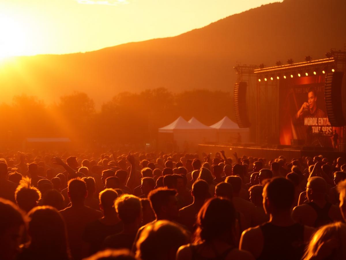 Summer festival crowd at golden hour